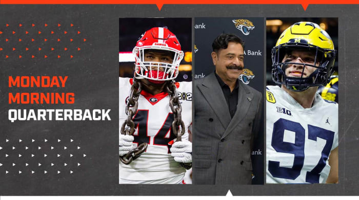 Georgia Bulldogs defensive lineman Travon Walker; Jacksonville Jaguars owner Shad Khan; Michigan Wolverines pass rusher Aidan Hutchinson